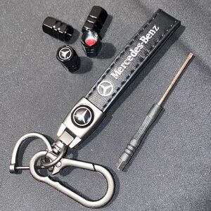 Mercedes Benz Black Genuine Leather Car Keychain, Tire Valves & Screwdriver Set